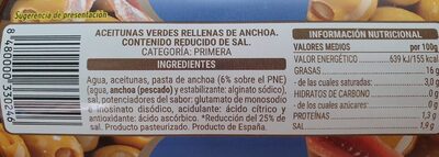 Aceitunas verdes rellenas anchoas (reducida en sal) Hacendado ingredientes