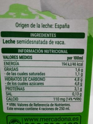 Leche semidesnatada Hacendado ingredientes