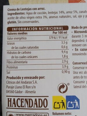 Lentejas con arroz Hacendado ingredientes
