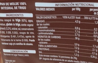 Pan de molde integral de trigo Hacendado ingredientes