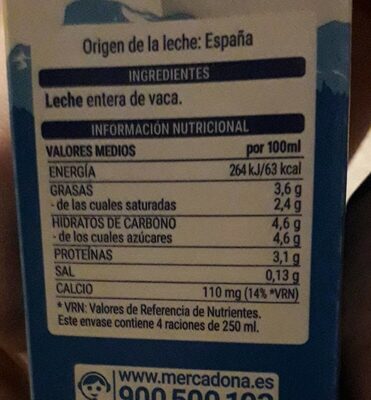Leche entera Hacendado ingredientes