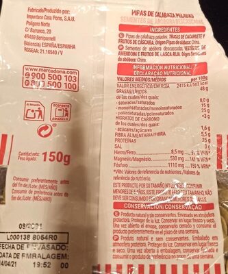 Pipa calabaza natural Hacendado ingredientes