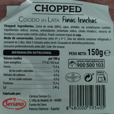 Chopped cocido en lata, finas lonchas Hacendado ingredientes