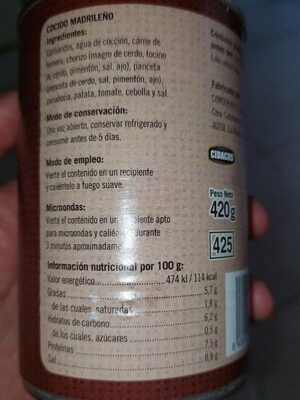 Cocido madrileño Hacendado ingredientes