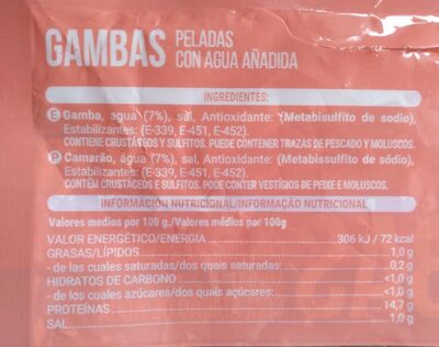 Gambas peladas con agua añadida Hacendado ingredientes