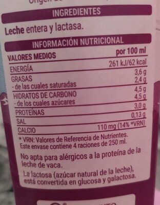 Leche entera sin lactosa Hacendado ingredientes