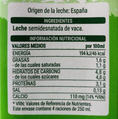 Leche semidesnatada Hacendado ingredientes