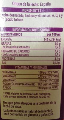 Leche sin lactosa Hacendado ingredientes