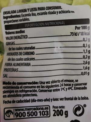 Lechuga primavera lavada Hacendado ingredientes