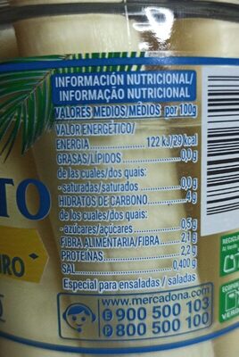 Palmito natural entero Hacendado ingredientes