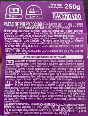 Patas de pulpo cocido Hacendado ingredientes