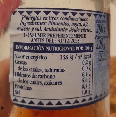 Pimientos en tiras condimentados Hacendado ingredientes