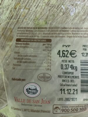 Queso de oveja viejo ahumado Hacendado ingredientes