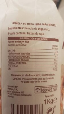 Sémola de trigo duro para migas Hacendado ingredientes