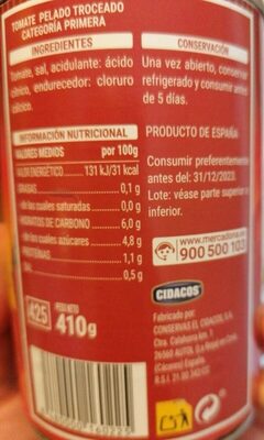 Tomate troceado Hacendado ingredientes