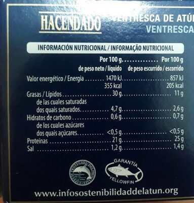 Ventresca de atún claro en aceite de oliva Hacendado ingredientes