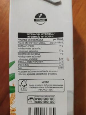 Bebida de coco y arroz Hacendado ingredientes