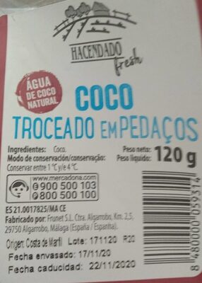 Coco troceado Hacendado ingredientes