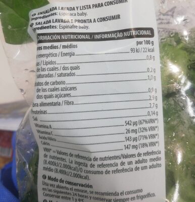 Espinacas baby lavadas Hacendado ingredientes