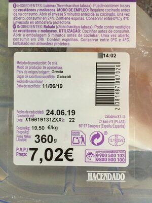 Filetes de lubina Hacendado ingredientes