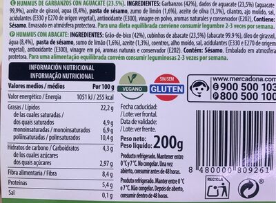 Hummus de aguacate Hacendado ingredientes