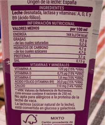 Leche desnatada sin lactosa Hacendado ingredientes