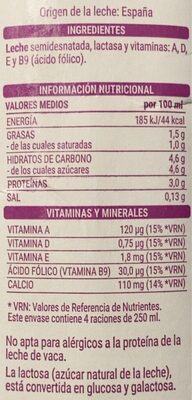 Leche semidestanada sin lactosa Hacendado ingredientes