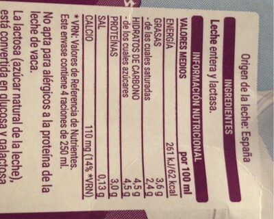 Leche sin lactosa Hacendado ingredientes