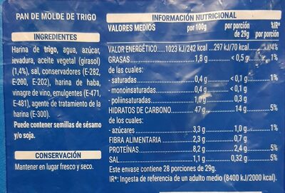 Pan de molde blanco Hacendado ingredientes