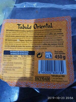 Tabulé oriental Hacendado ingredientes