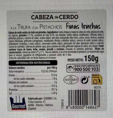 Cabeza de cerdo trufa con pistachos finas lonchas Hacendado ingredientes