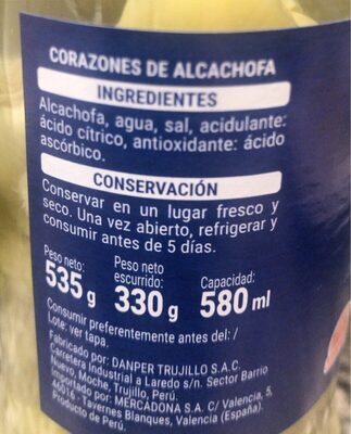 Corazones de alcachofa Hacendado ingredientes