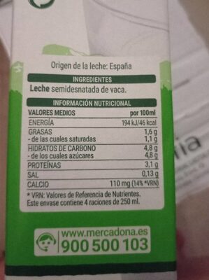 Leche semides atada uht vaca Hacendado ingredientes