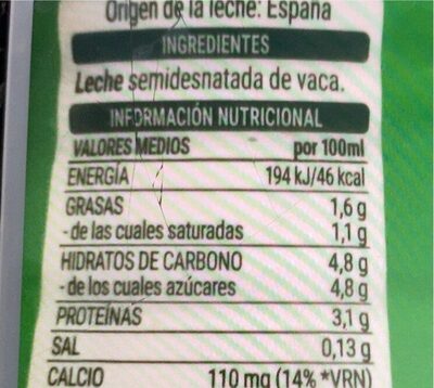 Leche semidesnatada Hacendado ingredientes