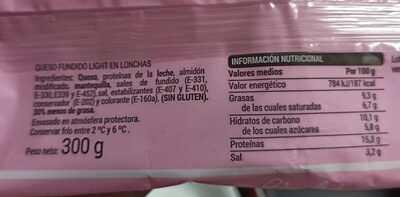 Queso fundido light en lonchas Hacendado ingredientes