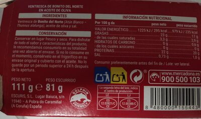 Ventresca bonito del norte aceite oliva Hacendado ingredientes