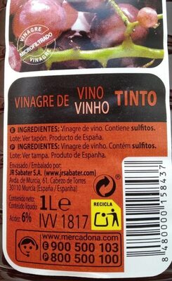 Vinagre de vino tinto Hacendado ingredientes