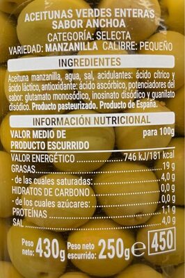 Aceituna con hueso sabor anchoa Hacendado ingredientes
