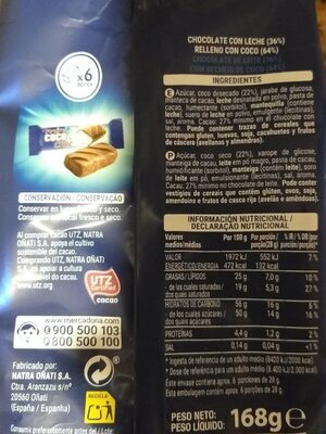 Barrita de chocolate con leche (36%) relleno de coco (64%) Hacendado ingredientes
