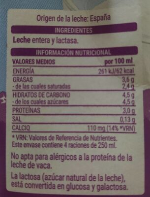 Leche entera de vaca sin lactosa Hacendado ingredientes