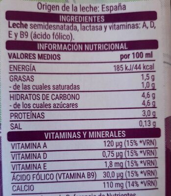 Leche semidesnatada sin lactosa vitaminas a d e y ácido folico Hacendado ingredientes
