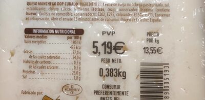Queso manchego dop curado Hacendado ingredientes
