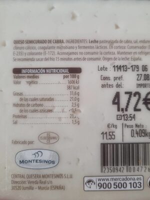 Queso semicurado de cabra Hacendado ingredientes