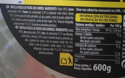 Tortilla patata con chorizo Hacendado ingredientes