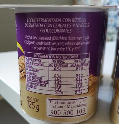 Bifidus 0% desnatado nueces cereales Hacendado ingredientes