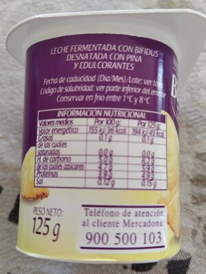 Bifidus desnatado piña Hacendado ingredientes