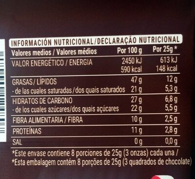 Chocolate negro 72% de cacao con almendras enteras Hacendado ingredientes