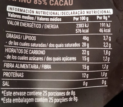 Chocolate negro 85% cacao Hacendado ingredientes