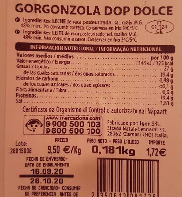 Queso gorgonzola Hacendado ingredientes