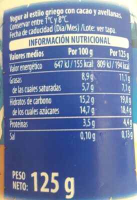 Yogur griego avellana cacao Hacendado ingredientes